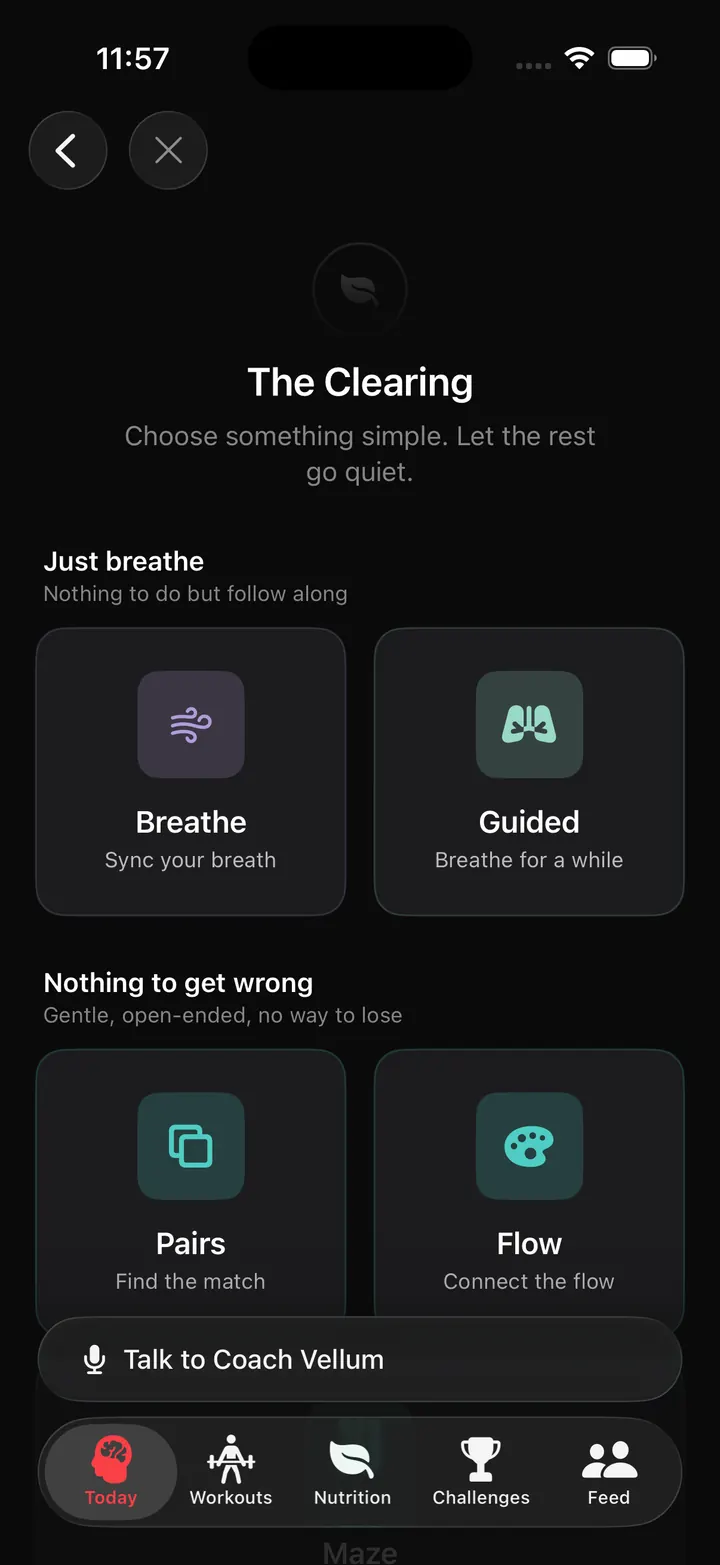 The Clearing screen showing breathing and mindful reset options