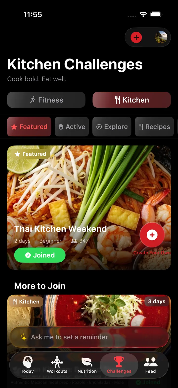 Coach Vellum kitchen challenges screen showing featured cooking challenges