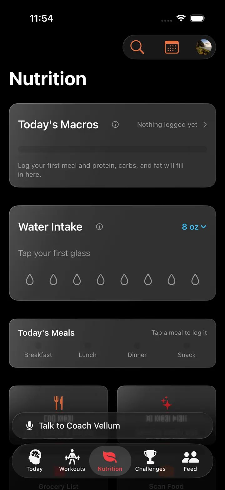 Coach Vellum nutrition screen showing meal and nutrition information