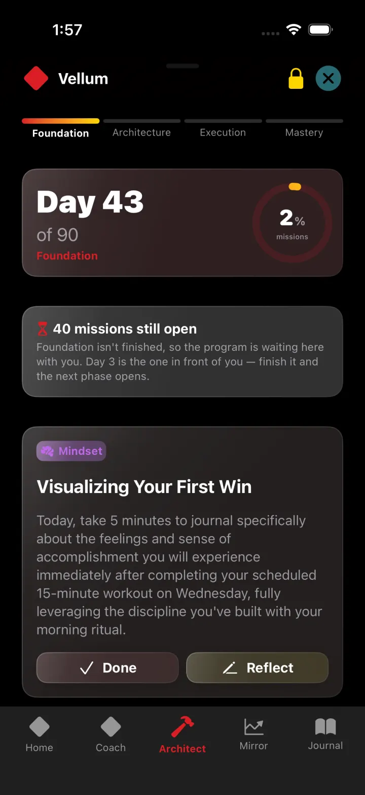 The Oracle Architect showing a Foundation phase, mission progress, and a current reflection prompt